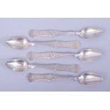 A SET OF FIVE 19TH CENTURY TURKISH OTTOMAN SILVER SPOONS, each with tughra marks centre handle,