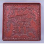 A SUPERB LARGE 19TH/20TH CHINESE CINNABAR LACQUER SQUARE FORM TRAY, the centre with a panel of
