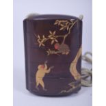 A JAPANESE LACQUER FOUR CASE INRO, decorated with monkeys and tree with gilt highlights, 7cm.