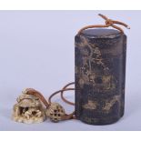 A JAPANESE LACQUER FOUR CASE INRO, with gilt decoration of bird and trees, the string with ivory