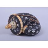 A LATE 18TH CENTURY INDIAN INLAID HARDWOOD POWDER FLASK, inlaid with mother of pearl / abalone petal