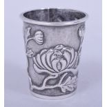 A CHINESE SILVER SAKE CUP BY WANG HIN, embossed and chased with a floral design, 4.5cm high, 0.9oz.