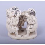 A JAPANESE MEIJI PERIOD CARVED IVORY NETSUKE - THREE ACTORS, the three dancing actors with a fan and