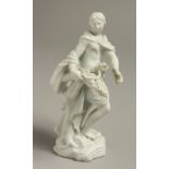 A LATE 18TH CENTRUY / EARLY 19TH CENTURY MEISSEN BISCUIT FIGURE of a girl with a scythe and a bundle