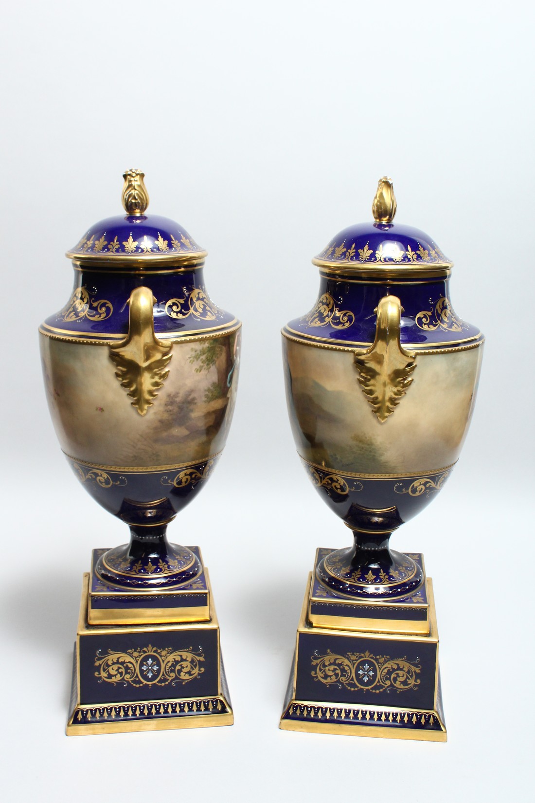 A SUPERB LARGE PAIR OF 19TH CENTURY VIENNA URN SHPAED VASES, COVERS AND STANDS with rich blue ground - Image 2 of 17