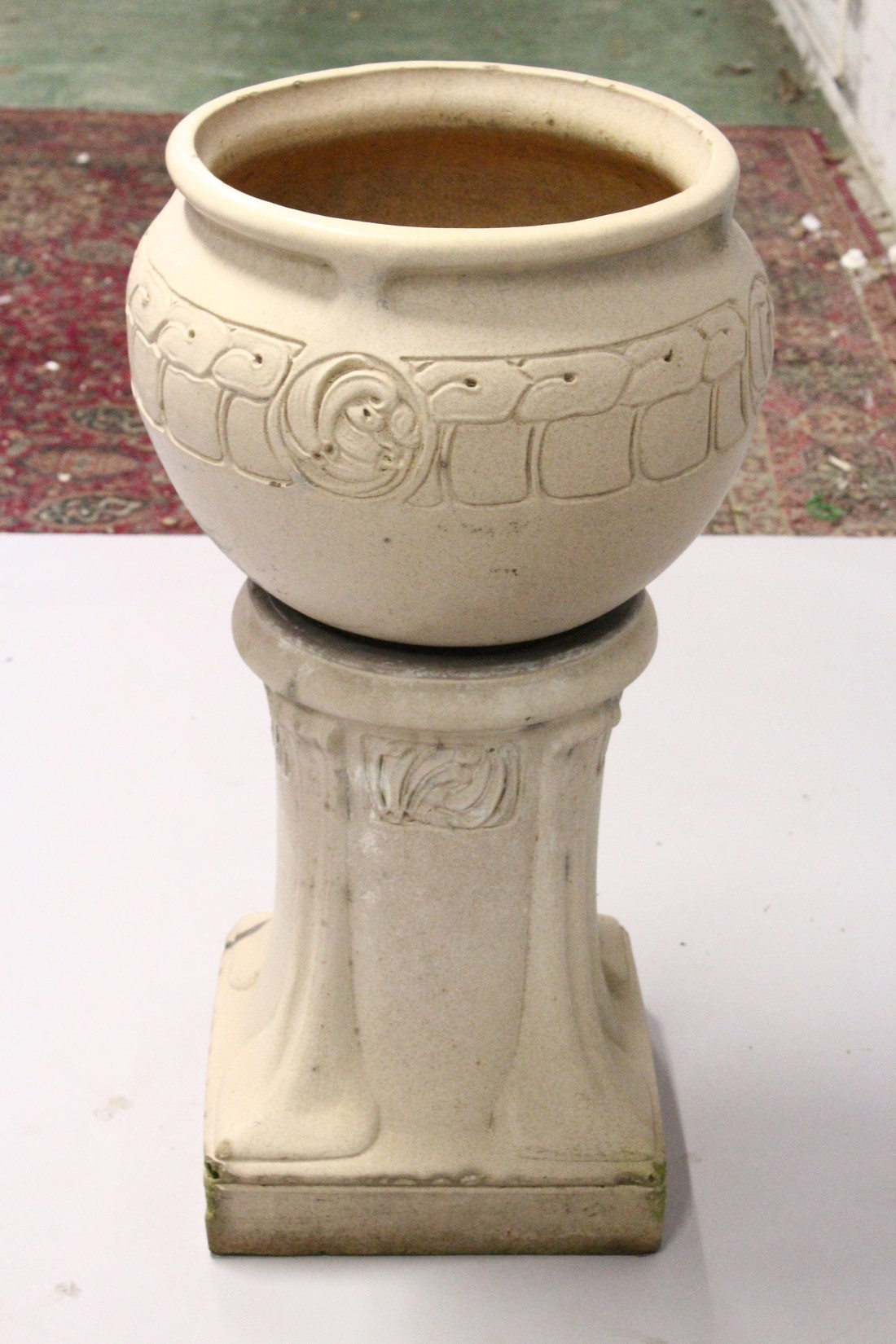 A LEEDS FIRE CLAY LEFCO WARE, STONE WARE JARDINIERE AND STAND, the ovid bowl with scrolls 3ft 1ins - Bild 3 aus 6