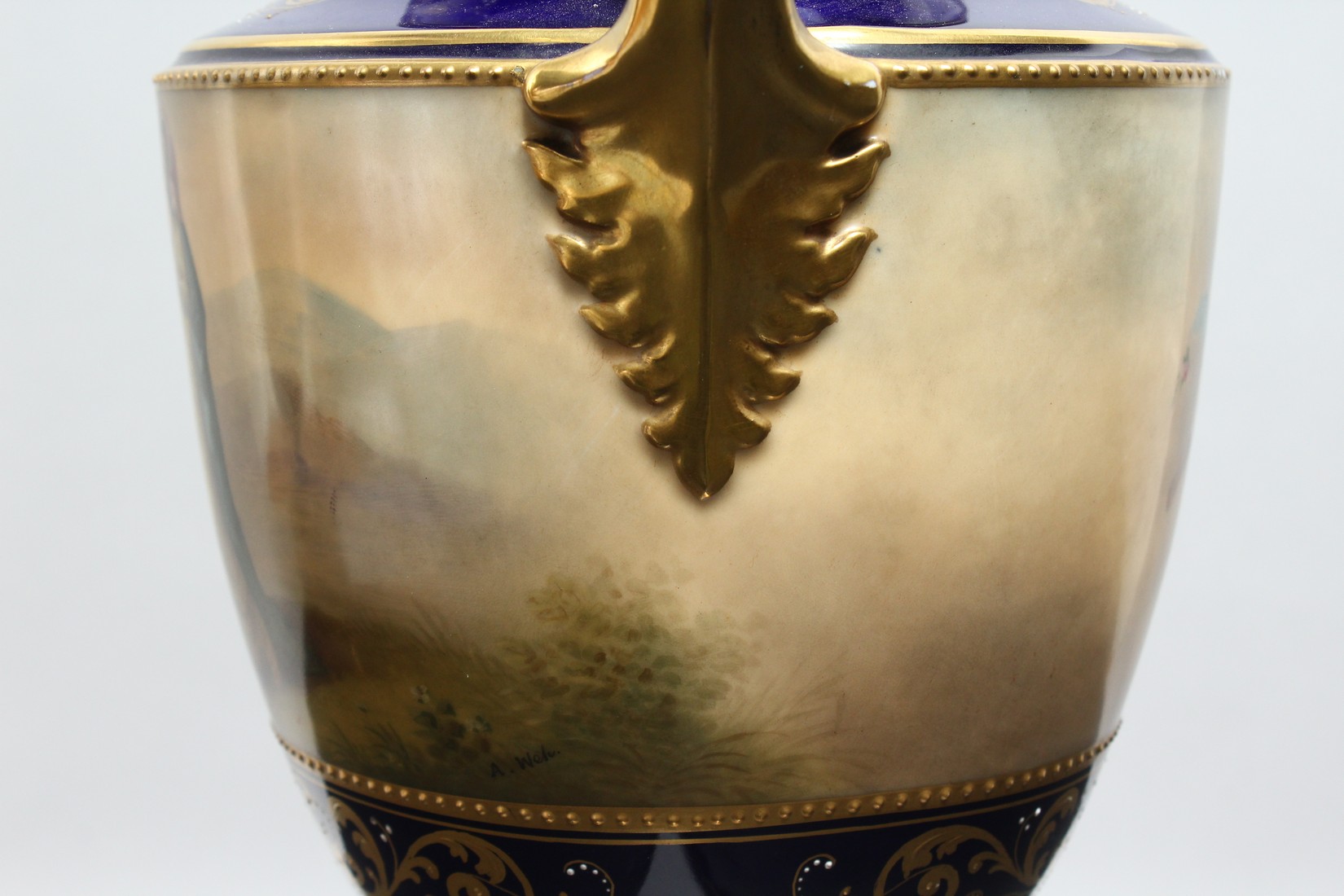 A SUPERB LARGE PAIR OF 19TH CENTURY VIENNA URN SHPAED VASES, COVERS AND STANDS with rich blue ground - Image 14 of 17