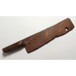 A WOODEN KITCHEN HATCHET dated 1630. 18ins long.