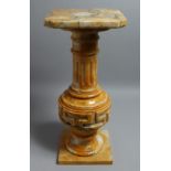 A GOOD VARIAGATED YELLOW MARBLE PEDESTAL COLUMN, square top with clipped corners, fluted column,