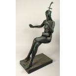 A MODERN BRONZE OF A FIGURE WITH A STRINGED INSTRUMENT. 34ins high.