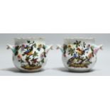 A GOOD PAIR OF DRESDEN PORCELAIN TWO HANDLED CACHE POTS painted and encrusted with birds and