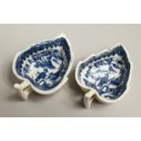 AN 18TH CENTURY CAUGHLEY LEAF SHAPED DISH in the Fisherman pattern and another similar (2).