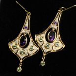 A PAIR OF SILVER PLATED PERIDOT, DIANMOND AND AMETHYST EAR RINGS.