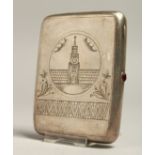 A RUSSIAN SILVER CIGARETTE CASE, the front engraved with a church. 4ins x 3ins