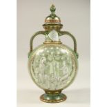 A GOOD CONTINENTAL TWIN HANDLED GLASS VASE AND COVER, decorated in the Medieval style, with