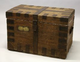 AN OAK AND IRON BAND SILVER CHEST, the front with applied brass owner's plaque for " Lord Alex