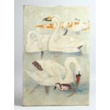 A FOLK ART PAINTING OF SWANS on panel. 23ins x 15ins.