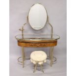A STYLISH BURRWOOD, BRASS AND GLASS DRESSING TABLE, 20th Century with an oval mirror, bevelled glass
