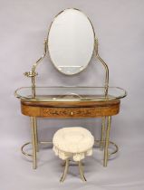 A STYLISH BURRWOOD, BRASS AND GLASS DRESSING TABLE, 20th Century with an oval mirror, bevelled glass