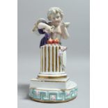 A 19TH CENTURY DRESDEN PORCELAIN CUPID with the fire of love 7.5ins high.