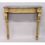 A GOOD 19TH CENTRUY MARBLE AND CARVED GILTWOOD CONSOLE TABLE with a bow fronted top, floral and