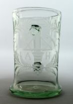 AN EARLY GLASS MASONIC TANKARD. Engraved with crossed hammers and initial, A H. 6ins high.