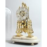 A VICTORIAN BRASS SKELETON CLOCK, CIRCA. 1880. of Cathedral form on a white marble base with glass