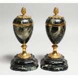 A GOOD PAIR OF 19TH CENTURY FRENCH MARBLE URNS, with pineapple finials. 8.5ins high.