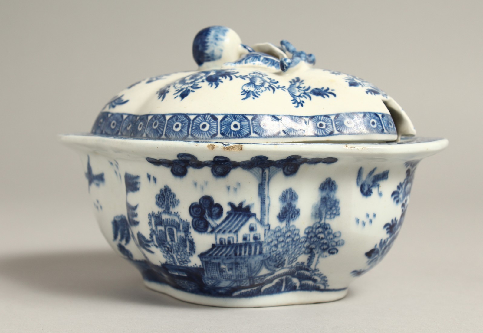 A DERBY BLUE AND WHITE QUATREFOIL-SHAPED TUREEN AND COVER, circa. 1765.