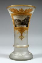 A GOOD FROSTED GLASS VASE with a scene of Rheinfels. 8ins high.