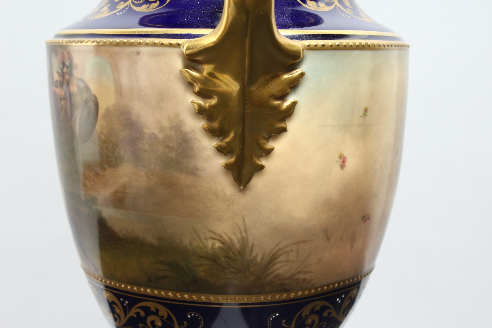 A SUPERB LARGE PAIR OF 19TH CENTURY VIENNA URN SHPAED VASES, COVERS AND STANDS with rich blue ground - Image 10 of 17