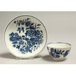 A MINIATURE WORCESTER BLUE AND WHITE TEA BOW AND SAUCER, fence pattern, circa. 1775, Mona Sattin