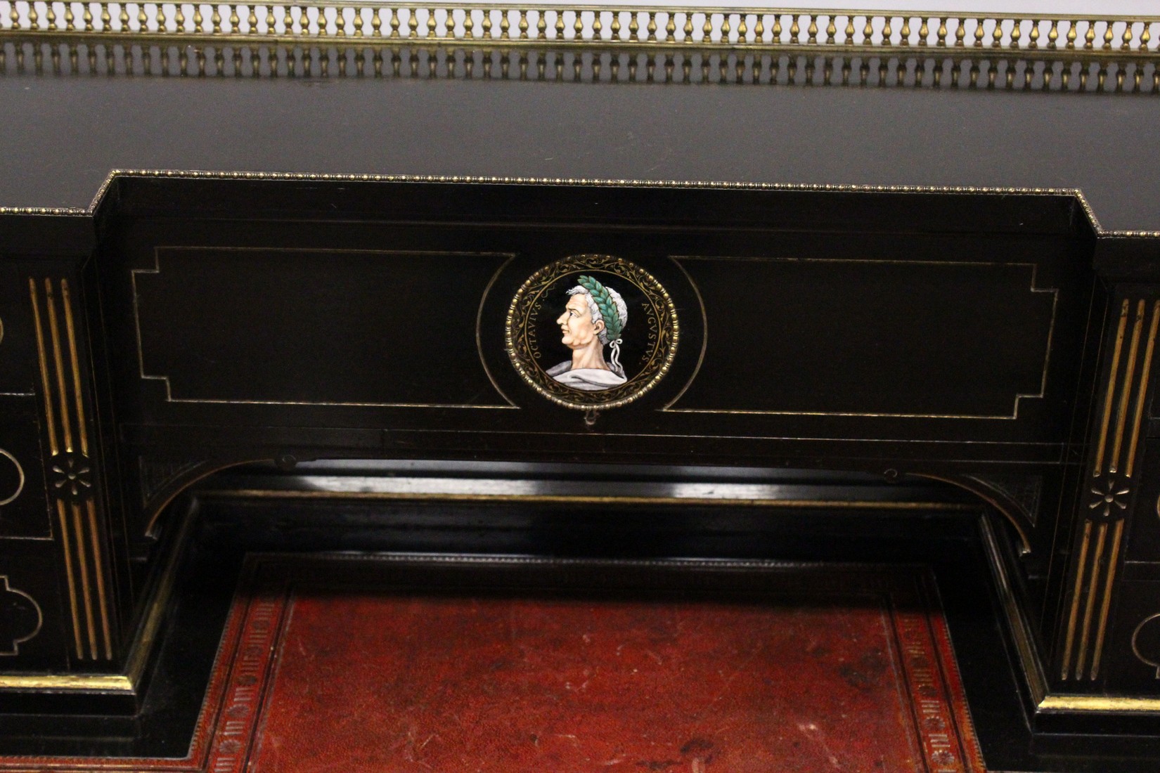 GILLOW & CO. AN EBONISED AND PARCEL GILDED WRITING DESK, the brass galleried upper section fitted - Image 4 of 7