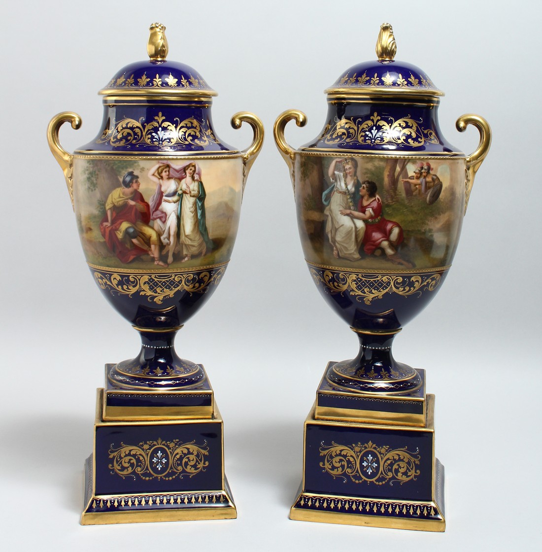 A SUPERB LARGE PAIR OF 19TH CENTURY VIENNA URN SHPAED VASES, COVERS AND STANDS with rich blue ground - Image 8 of 17