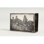A RUSSIAN SILVER AND NIELLO MATCH BOX COVER with a horse and sleigh. 2.25ins x 1.5ins.