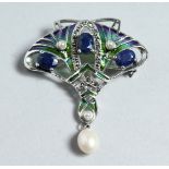 A SILVER SAPPHIRE AND PEARL BROOCH.