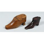TWO TREEN SHOE-SHAPED SNUFF BOXES