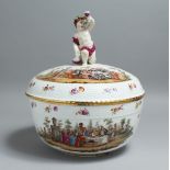 A GOOD LARGE 19TH CENTURY BERLIN PORCELAIN CIRCULAR BOWL AND COVER, the lid with a cherub, the