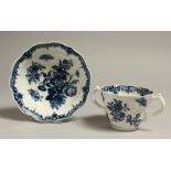 AN 18TH CENTURY WORCESTER GOOD CHOCOLATE OR CAUDLE , TWO HANDLED CUP AND SAUCER, printed with
