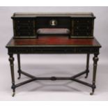 GILLOW & CO. AN EBONISED AND PARCEL GILDED WRITING DESK, the brass galleried upper section fitted