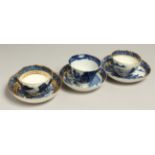 AN 18TH CENTURY CAUGHLEY PORCELAIN PAGODA TEA BOWL AND SAUCER, two Temple tea bowls and saucers, two