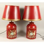 A PAIR OF RED TOLEWARE LAMPS