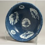 A LARGE WORCESTER BLUE AND WHITE CIRCULAR BOWL with arabesque panel landscape pattern. Circa. 1760 -