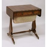 A SMALL REGENCY MAHOGANY DROP LEAF SOFA TABLE - SEWING TABLE with long frieze drawer, end