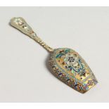 A RUSSIAN SILVER AND ENAMEL SIFTER SPOON. Bears mark, 84. 5ins long.