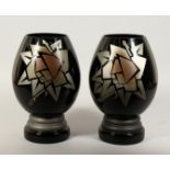 A GOOD PAIR OF CHARDER ART DECO GLASS VASES with stylised geometric design. 12ins high.