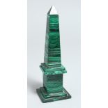 A SMALL MALACHITE OBELISK. 6.5ins.