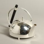 A CHRSTOPHER DRESSER DESIGN SILVER PLATE CIRCULAR TEA POT.