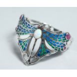 A SILVER OPAL RUBY AND PLIQUE ENAMEL DRAGONFLY BANGLE.