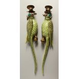 A PAIR OF CONTINENTAL PORCELAIN PARROT WALL SCONCES